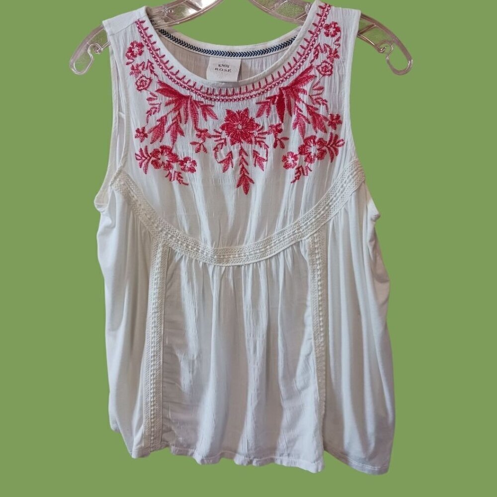 Knox Rose Womens Sleeveless White Top With Red Floral Embroidery Small - Picture 6 of 12